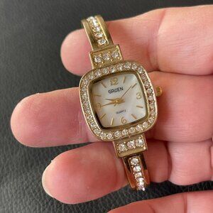 New Gruen Womens Gold-Tone Quartz Watch With Crystal Accents & Metal Bezel